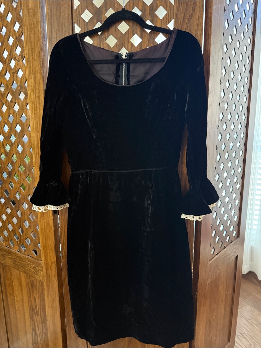 VINTAGE Black Velvet Long Sleeve Dress with Lace Trim
